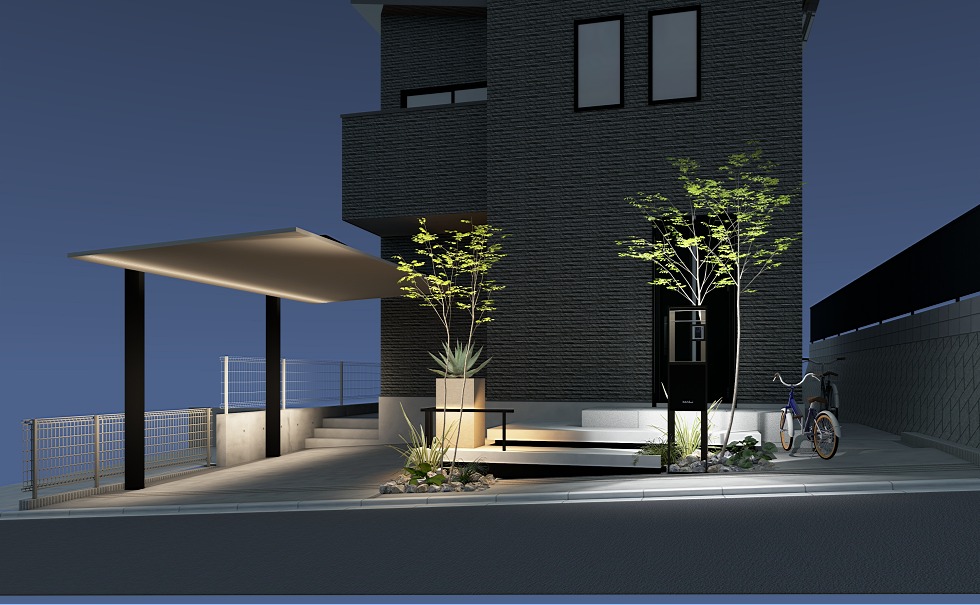 黒のシンプルモダンな家の外構