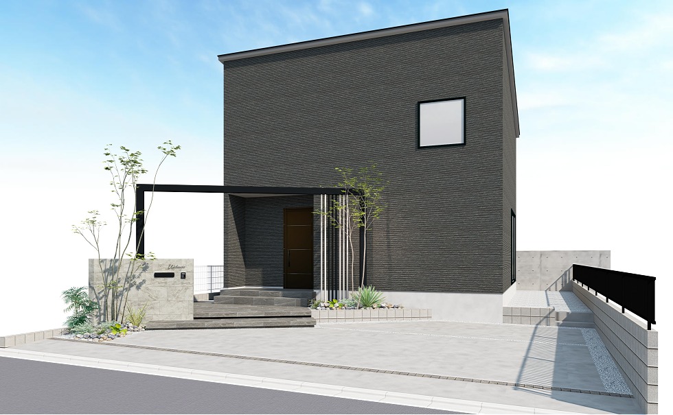 黒の家にフレームを使った外構デザイン